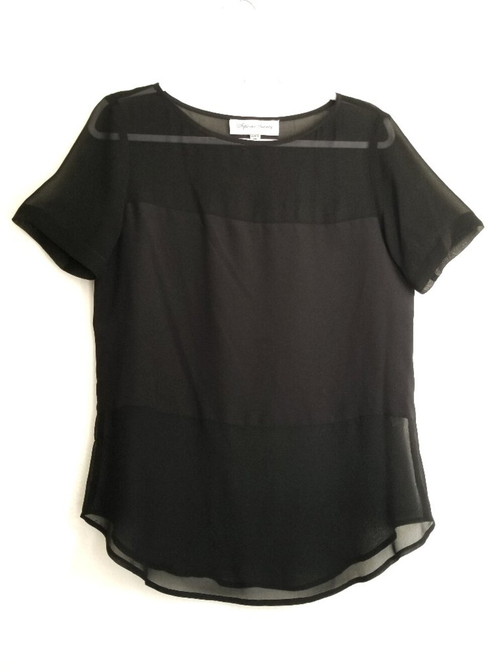 FIFTEEN-TWENTY  Black Solid & Sheer Blouse Short Sleeves Size M Classy 100% SilK